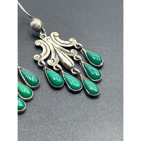John H. Peckham, Sterling Mexico Green Stone Cabochon Chandelier Earrings Navajo - Picture 4 of 11